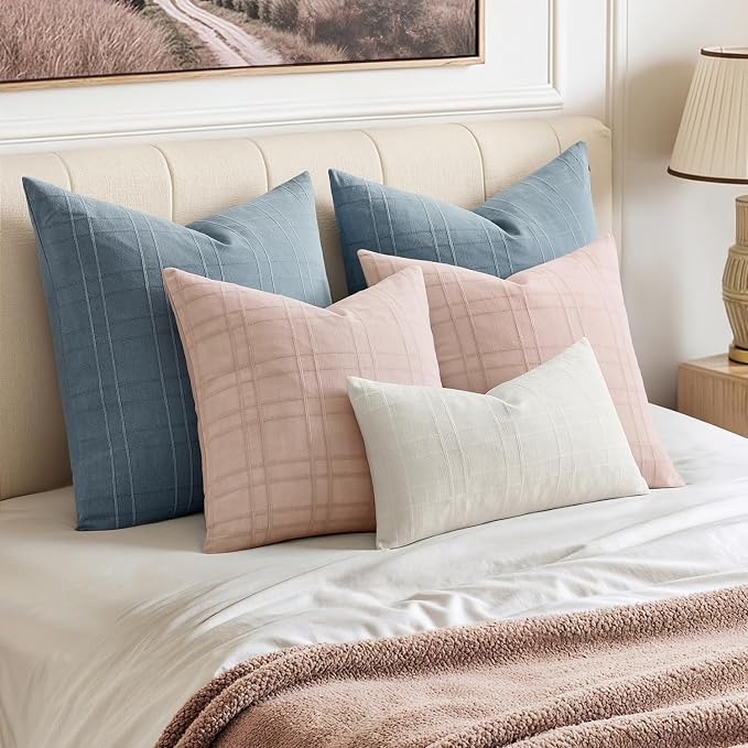 MIULEE Decorative Linen Check Throw Pillow Covers Neutral Farmhouse Vintage Spring Valentine Spring Pillow Covers 20x20 Set of 2 Boho Modern Home Decor for Sofa Couch Bedroom Cushion Light Pink