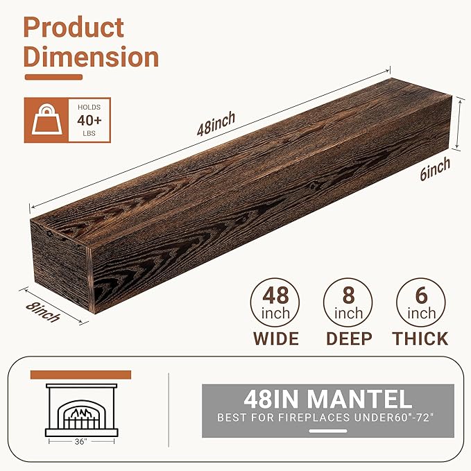 Heimlove Fireplace Mantel Shelf 48 Inch,Handmade Rustic Solid Wood Mantles for Over Fireplace,Wall Mounted Floating Fireplace Mantel Shelf for Living Room Decor,48"x 8"x 6"-Dark Carbonized