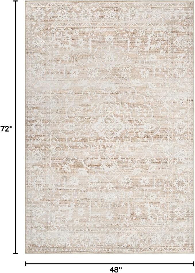 Soalmost Area Rugs 4x6 for Living Room, Washable Neutral Soft Rugs Beige | Floral Vintage Non-Slip Throw Carpet for Dining Room, Entryway, Kitchen, Farmhouse 4'x6'