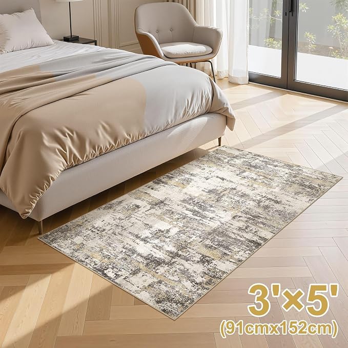 Hallway Washable Runner Rug: 3x5 Abstract Modern Soft Stain Resistant Non-Slip Backing Runner for for Entryway Kitchen Laundry Living Bathroom - Gold Brown