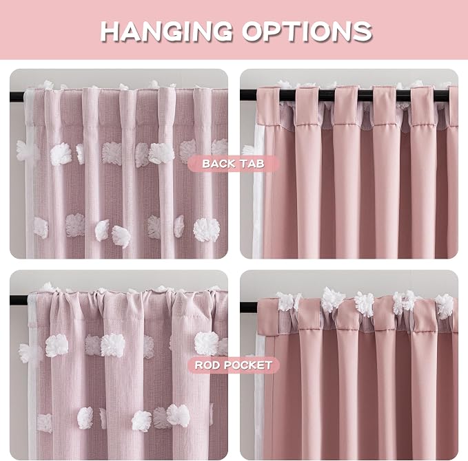MYSKY HOME Pink Curtains for Girls Bedroom Double Layer White Pom Pom Sheer Window Panels for Kids Room Back Tab Room Darkening Window Drapes 54 Inches Length, W52 X L54, Blush Pink, 2 Pieces
