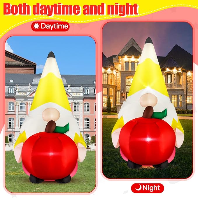 4FT Back to School Inflatable Gnome Outdoor Decorations Blow-up Inflatables Pencil Gnome with Apple Built-in 2 LED Lights for First Day of School Party Back to School Classroom Decor for Yard Lawn