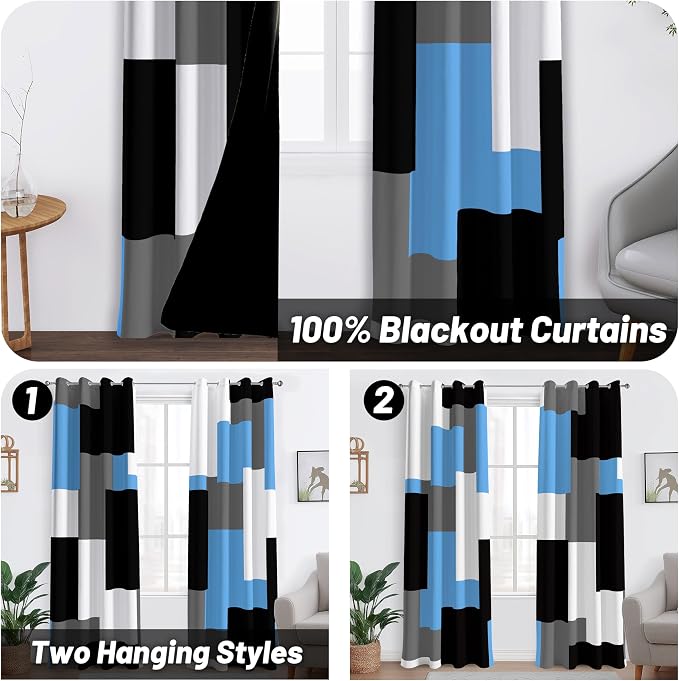Tyrot Light Blue 100% Blackout Curtains for Bedroom 96 inch Length 2 Panels Set White Grey Modern Abstract Geometric Black Out Curtains Insulated Room Darkening Window Drapes for Living Room, 52Wx96L