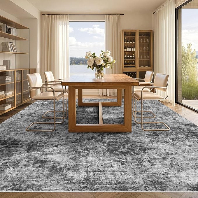 Tortania Washable 7x9 Area Rug for Living Room: Modern Abstract Neutral Large Soft Thin Rugs - Non Slip Indoor Carpet for Bedroom Dining Room Office Nursery Home Floor Decoration - Charcoal Grey
