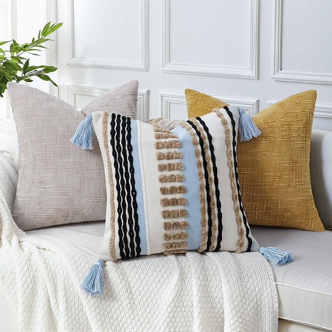 NUYECY Boho Throw Pillow Covers 18x18 Aesthetic Neutral Boucle Couch Pillow Cover Rainbow Striped Decorative Accent Pillow Case for Couch Bed Sofa Farmhouse Bedroom,Modern Funky,Set of 2 Khaki