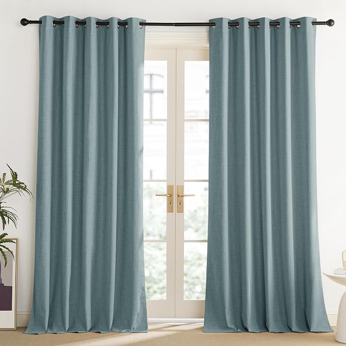 NICETOWN 100% Absolutely Blackout Linen Curtains with Thermal Insulated Liner, Skylark Blue, 62" Wide, 84" Length Energy Saving Curtains for Living Room 2 Panels Set, Vertical Blinds