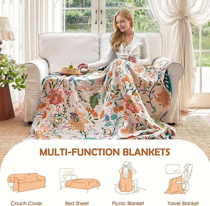 Boho Throw Blanket - 60"x80" 100% Cotton Ultra Soft Lightweight Blanket, 4-Layer Breathable Muslin Spring Blankets for Bed Couch, Reversible Green Floral Printed Bohemian Cotton Quilt