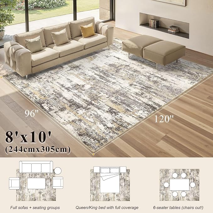 Area Rugs 8x10 Living Room: Washable Large Abstract Modern Neutral Soft Rug Stain Resistant Non-Slip Backing Carpet for Bedroom Dining Room Indoor Nursery Dorm Home Office Decor - Gold Brown