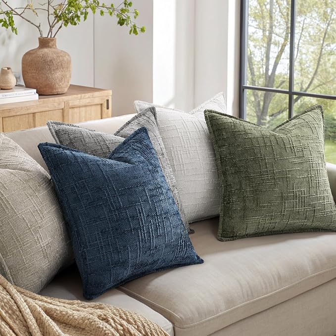 decorUhome Chenille Throw Pillow Covers 22X22 Set of 2, Soft Textured Slubby Modern Decorative Pillow Covers with Elegant Design for Couch, Sofa, Living Room, Olive Green