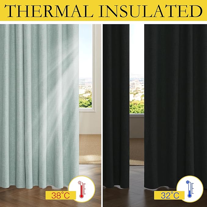 NICETOWN 100% Absolutely Blackout Linen Curtains with Thermal Insulated Liner, Seafoam Green, 62" Wide, 108" Length Energy Saving Curtains for Living Room 2 Panels Set, Vertical Blinds