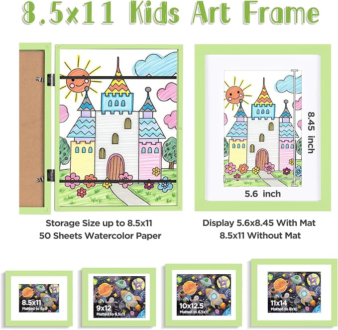 KINLINK 8.5x11 Kids Art Frame 2 Pack, Solid Wood Artwork Frames Changeable, Front Opening Hold 150 Pictures, Art Frames for Kids Artwork, 6x9 with Mat 8.5x11 without Mat, Picture Frames Light Green