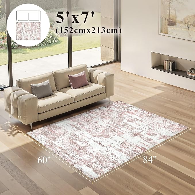 Area Rugs 5x7 Living Room: Washable Large Abstract Modern Neutral Soft Rug Stain Resistant Non-Slip Backing Carpet for Bedroom Dining Room Indoor Nursery Dorm Home Office Decor - Pink