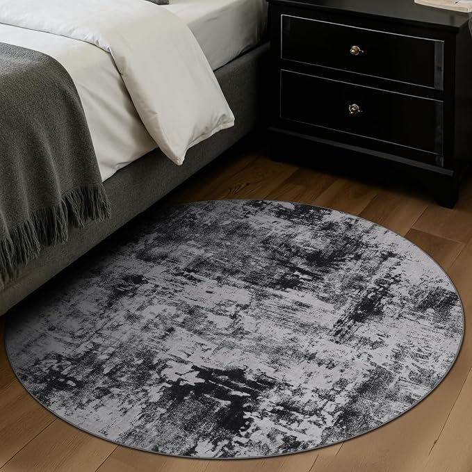 Rugflix Round Area Rugs 4Ft for Living Room, Washable Circle Rug Stain-Resistant Low Pile, Modern Dark Carpet for Bedroom Dining Room Home Office Kid Nursery Room, Black Grey