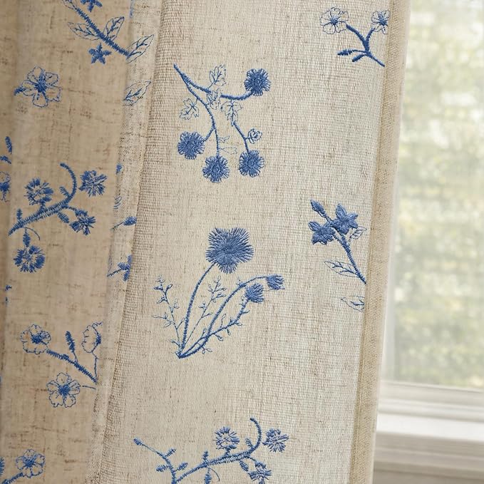 Blue Floral Embroidered Linen Blend Curtains for Bedroom, 84 Inch Light Filtering Spring Farmhouse Vintage Drapes for Living Room Rod Pocket, Set of 2 Panels
