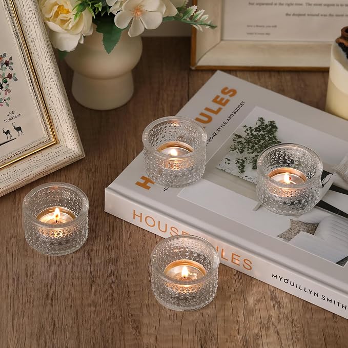 NITIME 4PCS Votive Candle Holders, Clear Tealight Candle Holder Glass for Table Centerpiece, Polka Dot Glass Candle Holder for Wedding, Home and Party Decor