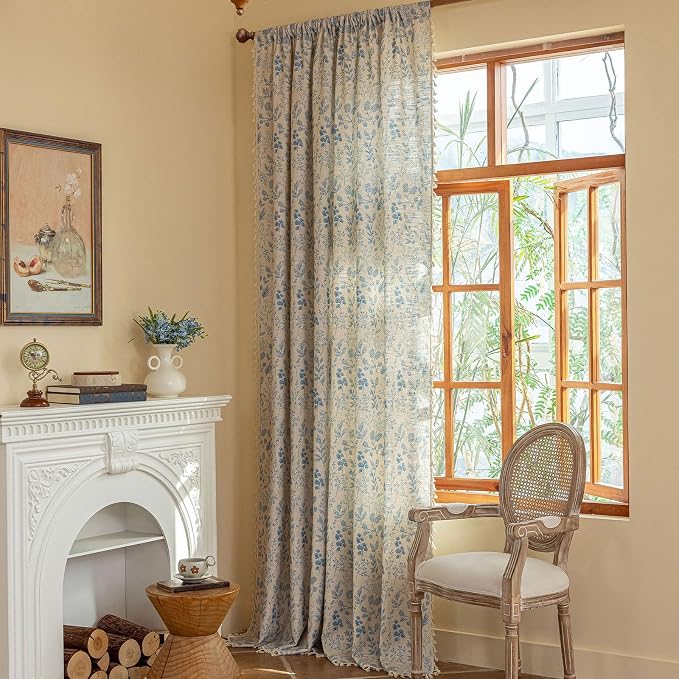 OYX Blue Boho Floral Curtains 96 Inch,Linen Farmhouse Leaf & Flower Drapes with Tassels, Light Filtering Semi Sheer Curtains for Living Room Bedroom, 2 Panels, Rod Pocket, 52Wx96L