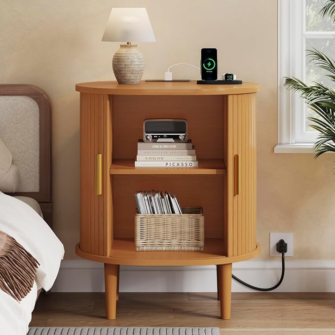 DHH Mid Century Modern Nightstand Set of 2 with Charging Station,Fluted Accent Side Table with Sliding Door & Adjustable Shelf,End Table for Small Space, Living Room, Bedroom,Sofa Couch,Yellow Walnut