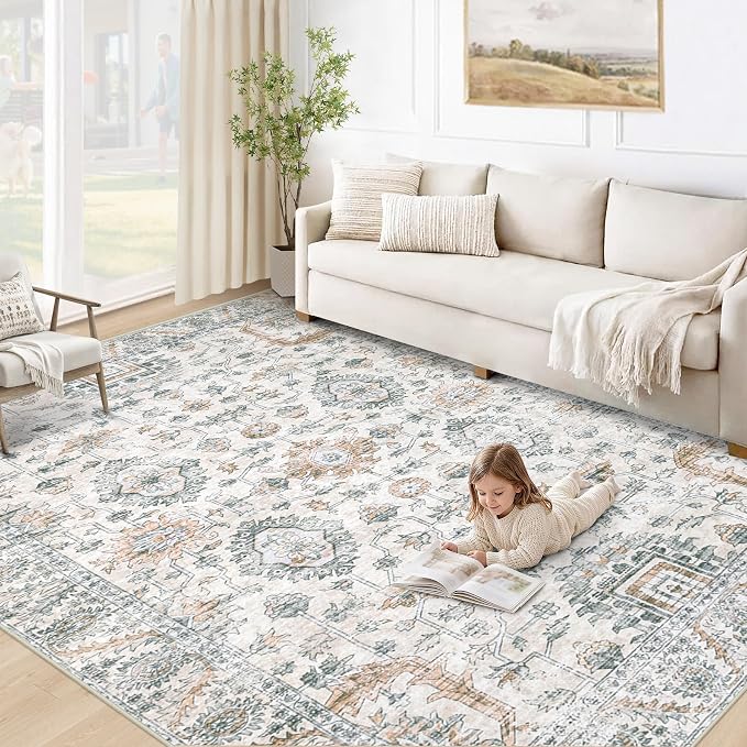 XLUEZ Area Rug 5x7 Living Room Rug, Machine Washable Vintage Distressed Boho Area Rug Non-Slip Soft Low Pile Large Indoor Rugs for Bedroom Kitchen Dining Room Office(Brown Green,5'x7')
