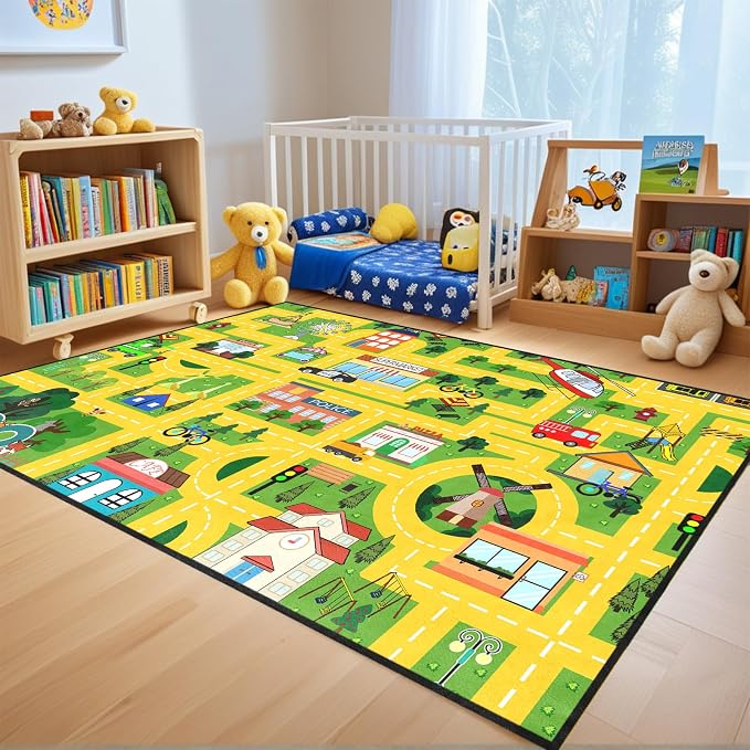 Car Rug Play Mat for Boys Girls Fun Yellow Road Rug for Bedroom Playroom, Fun Car Carpet for Room Decor City Carpet with Race Track, Street, Animal, 4.5x6 Feet