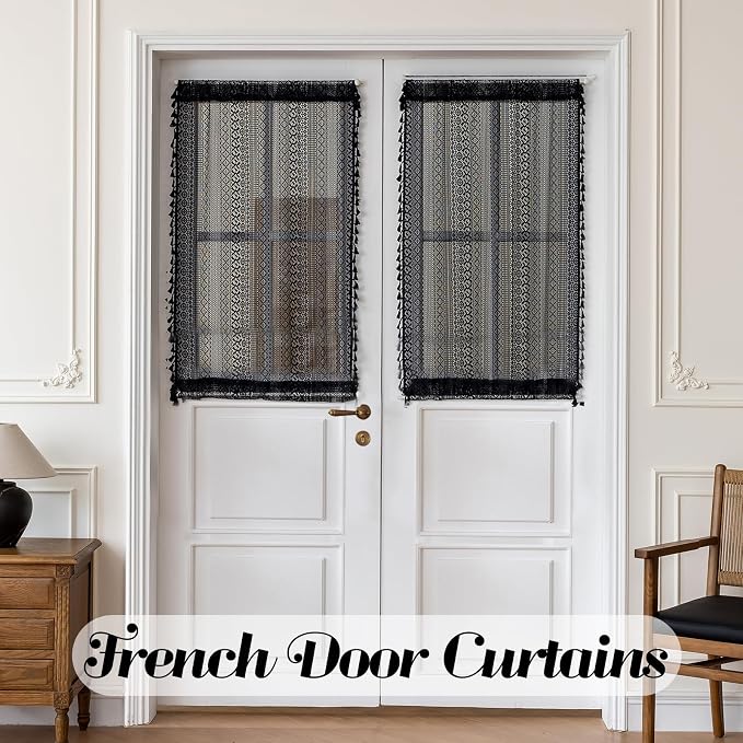 Sutuo Home Black French Door Curtains for Drapery Glass & Sidelights, Boho French Country Style Tassels Vintage Drapes Window Curtains for Front Door Patio Decor, Rod Pocket 2 Panels 25" W x 40" L