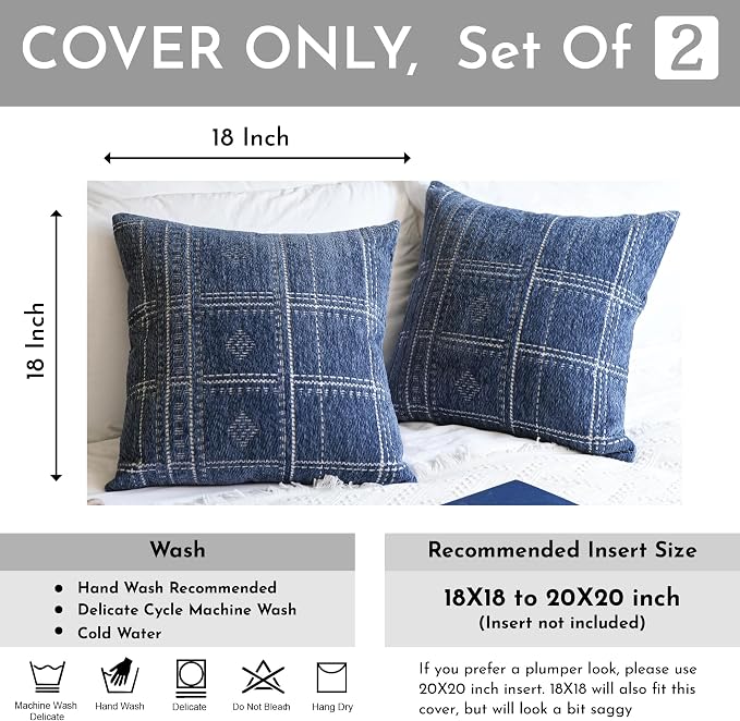 BlissBlush Decorative Throw Pillow Covers 18x18 Set of 2, Boho Blue Textured Chenille Accent Throw Pillow Covers for Couch Sofa Bed Living Room Home Décor (Cover Only)