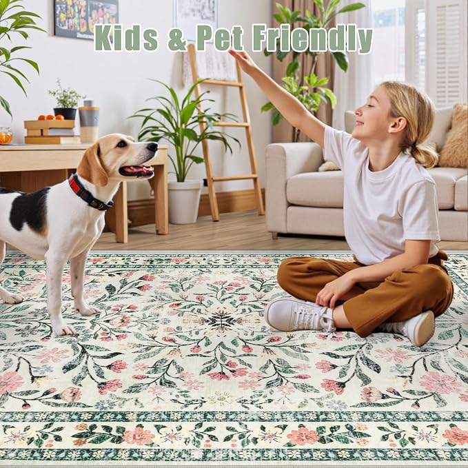 Runner Rug for Entryway: 2.6x14 Kitchen Rugs Non Slip Washable Ultra-Thin Soft Floral Carpet Indoor Floor Stain Resistant Carpets for Hallway Bedroom Kitchen Laundry Bathroom Dorm Green/Beige