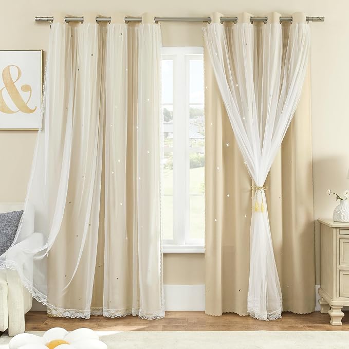 XiDi Biege Blackout Curtains 96 Inches Long for Bedroom Living Room 2 Panels Double Layer Curtains with Sheer Overlay Star Cut Out Wall Home Kid Girl Decor Thermal Grommet Window Drapes W52 X L96