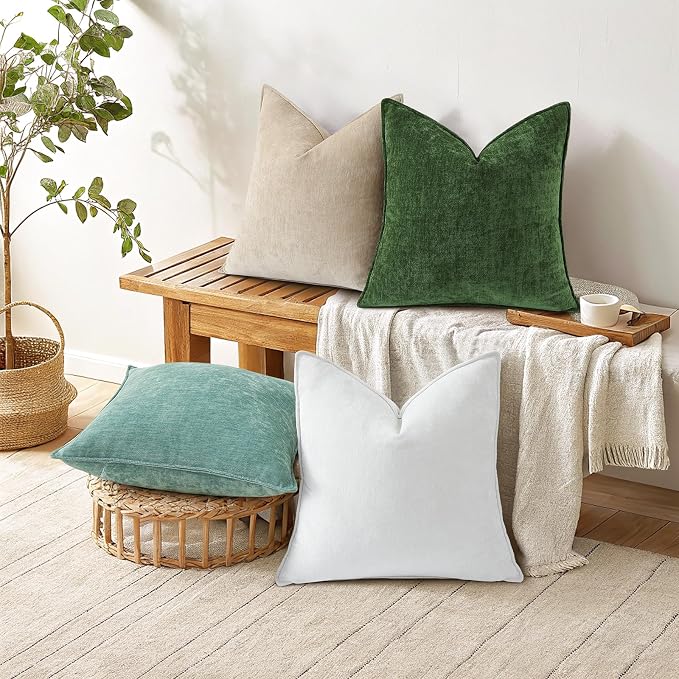 decorUhome Fall Couch Euro Sham Throw Pillow Covers 22x22 Set of 2, Decorative Soft Velvet Modern Cozy Chenille Pillow Cases with Elegant Design for Sofa Bed Living Room Home Decor, Cream White