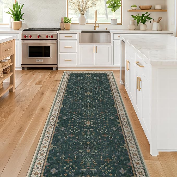 Hazo Haus Dark Green Hallway Runner Rug 12 ft Long - Modern Vintage Boho Eclectic Floral with Brown Accent, Washable Low Pile Non-Slip Extra Long Wide Runner Rugs for Kitchen, 3x12