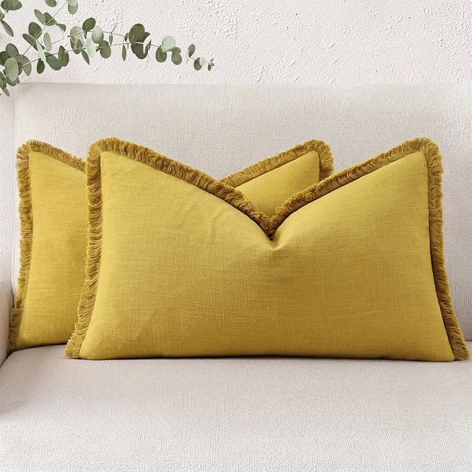 decorUhome Linen Fringe Lumbar Throw Pillow Covers Set of 2 Decorative Mustard Yellow Pillow Covers with Tassels Soft Accent Boho Farmhouse Pillow Cases for Couch Bed Sofa 12x20 Inch