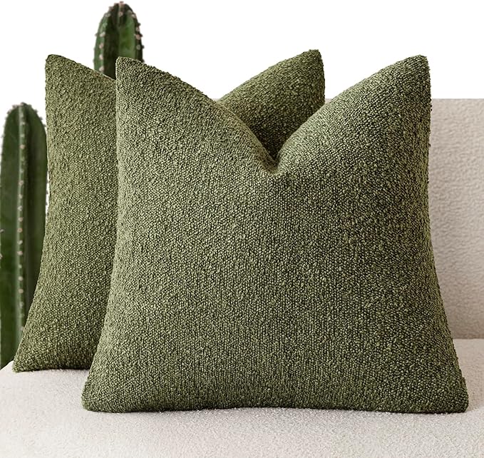 Foindtower Set of 2, Decorative Textured Boucle Throw Pillow Covers Accent Solid Pillow Cases Neutral Soft Cozy Couch Cushion Case for Chair Sofa Bedroom Living Room Home Decor 24x24 Inch Moss Green