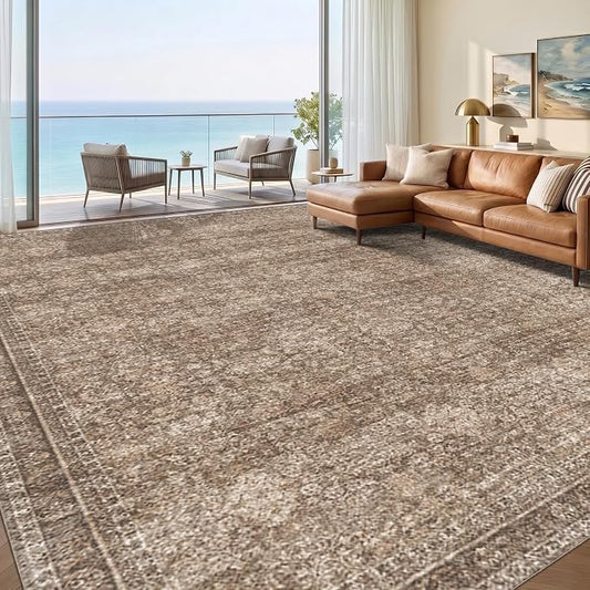 Sasttie 9x12 Area Rug, Ultra-Soft Washable Rug, Low Pile Foldable Thin Carpets with Non-Slip Backing, Skin-Friendly Stain Resistant Carpet for Living Room, Bedroom, Kitchen, Dorm, 9x12, Dark Brown