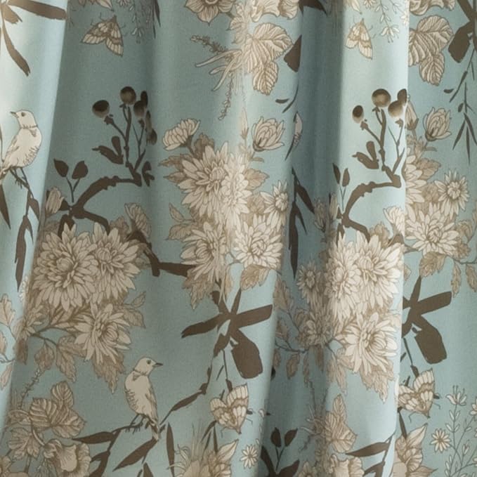 Lush Decor Botanical Garden Curtains Floral Bird Print Light Filtering Window Panel Drapes Set for Living, Dining, Bedroom (Pair), Blue, 52"W x 84L"