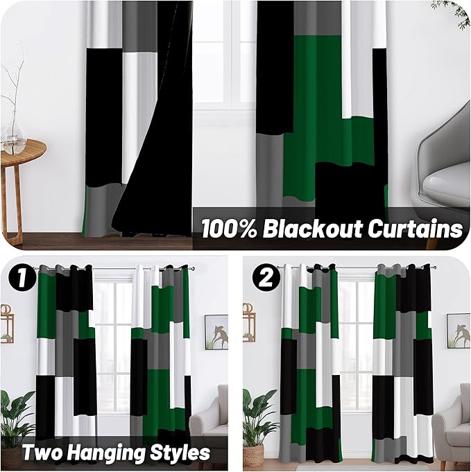 Tyrot Green 100% Blackout Curtains for Bedroom 108 inch Extra Long 2 Panels Set Hunter Green Grey Modern Abstract Geometric Black Out Curtains Room Darkening Window Drapes for Living Room, 52Wx108L