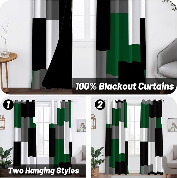 Tyrot Green 100% Blackout Curtains for Bedroom 72 inch Length 2 Panels Set White Grey Modern Abstract Geometric Black Out Curtains Insulated Room Darkening Window Drapes for Living Room, 52Wx72L