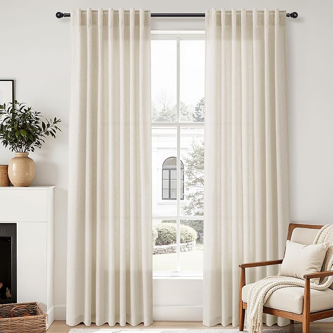 Aersas Birch Beige Linen Curtains 108 Inches Length for Living Room Flax Texture Wave Fabric Semi Sheer with Rod Pocket Back Tab for Bedroom Balcony Light Filtering Neutral Home Decor 52x108