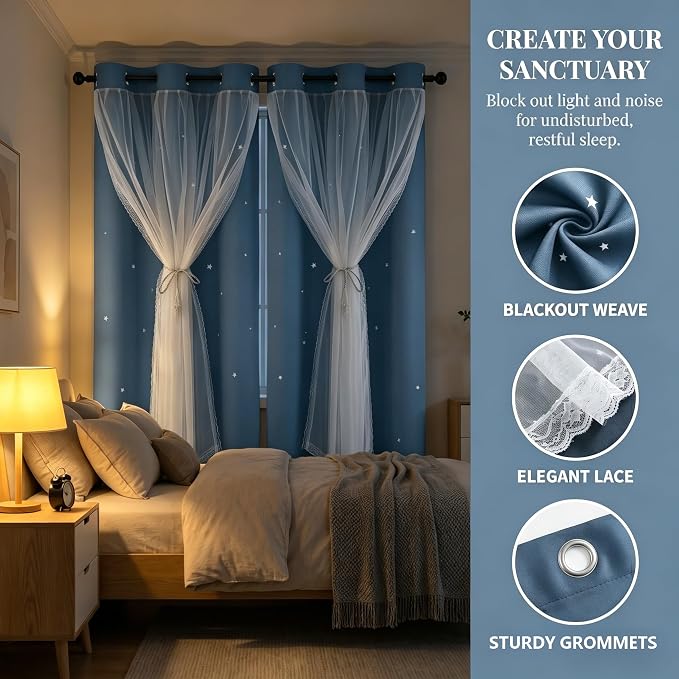 Kids Blackout Curtains for Bedroom/Living Room/Classroom, Sheer Overlay 2 Free Tiebacks, Double Layer Curtains with Star Cutout for Kids Room(Each Piece W70xL95 Inches 2 Pcs Stone Blue)