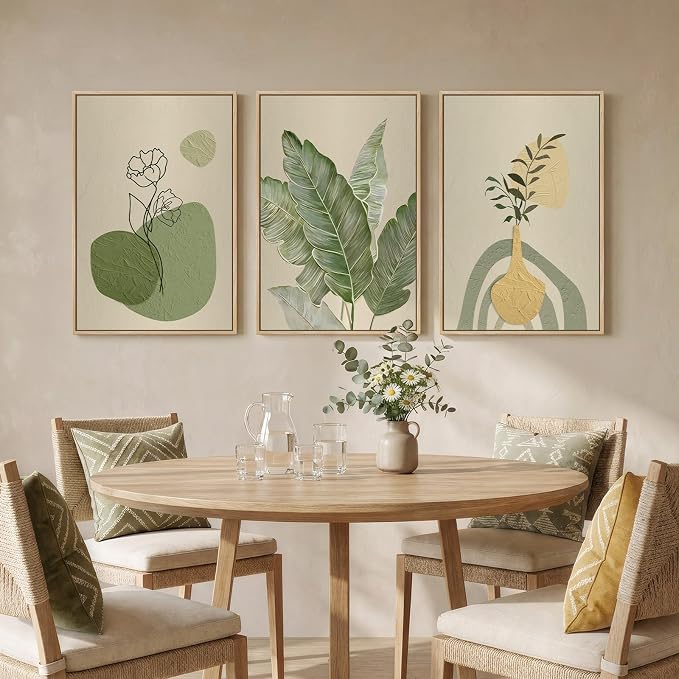 Framed Botanical Modern Wall Art for Living Room, 3 Piece Sage Green Boho Floral Canvas Paintings Prints, Minimalist Neutral Plant Pictures for Bedroom Dining Room Office Wall Decor, 16x24 Inch