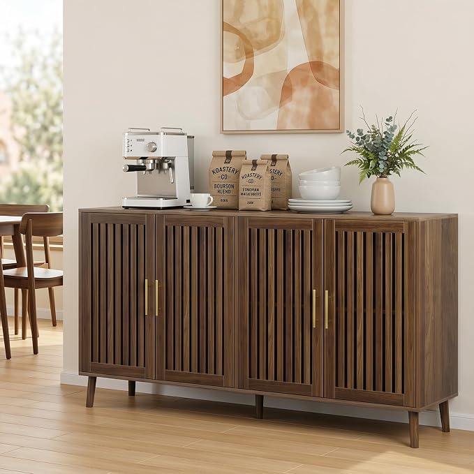 Smart FENDEE 63" Long Sideboard Buffet with 4 Slatted Doors, Farmhouse Buffet Storage Cabinet with Adjustable Shelf, Coffee Bar Cabinet for Entryway, Kitchen, Dining Room, Living Room, Walnut Color