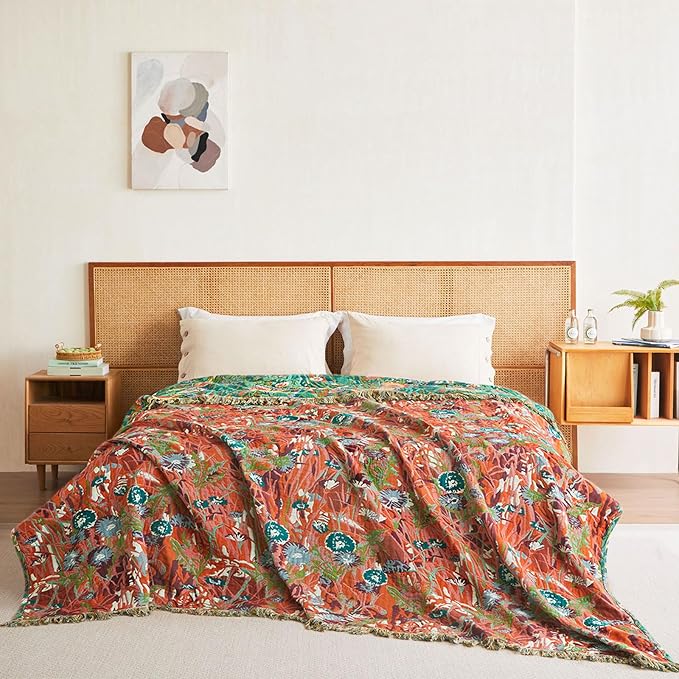 Boho Throw Blanket - 60"x80" 100% Cotton Ultra Soft Lightweight Spring Blanket, 4-Layer Breathable Muslin Blankets for Bed Couch, Reversible Green Floral Printed Bohemian Cotton Quilt