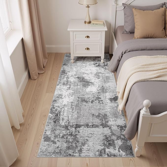 Abstract 2x8 Runner Rug: Machine Washable Non Slip Ultra Thin Low-Pile Carpet, Soft Stain Resistant for Hallway Kitchen Bathroom, Kid Pet Friendly, Robot Vacuum Compatible - Grey