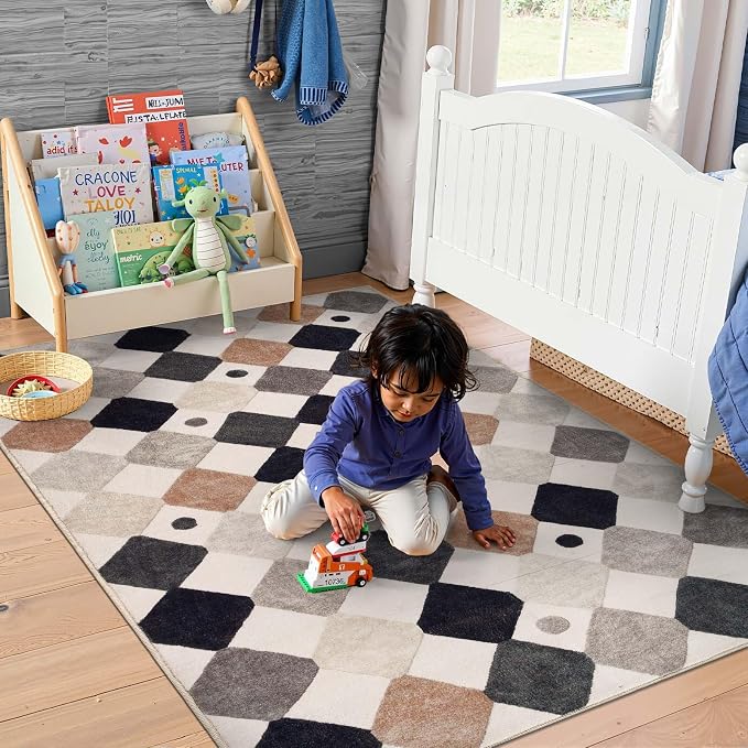jinchan Macy 4x6 Area Rug for Kids Room Black and White Modern Colorful Checkered Diamond Nursery Rug Indoor Washable Soft Non Slip Carpet for Playroom Classroom Bedroom Living Room Marble on Cream