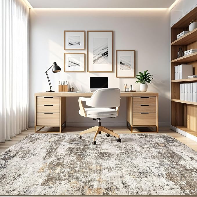 9x12 Area Rug Living Room: Washable Large Abstract Neutral Modern Soft Rugs Stain Resistant Indoor Floor Non-Slip Accent Carpet for Bedroom Nursery Playroom Dining Room Office Dorm Home- Brown Yellow