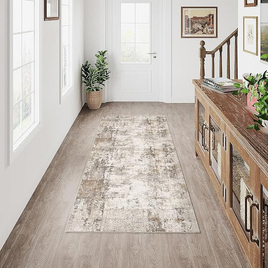 2x5 Washable Runner Rug Brown Grey Abstract Non Slip Soft Low Pile Hallway Kitchen Rug Neutral Modern Carpet for Laundry Bathroom Bedroom Living Room Home Decor