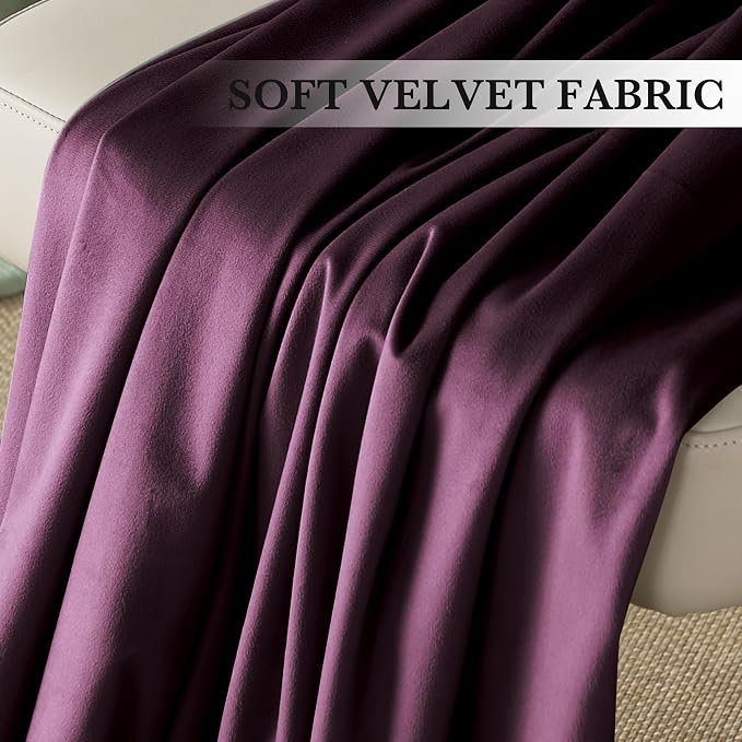 RYB HOME Purple Velvet Curtains 90 inches Long 2 Panels Set, Room Darkening Thermal Insulated Velvet Drapes with Hook Belt for Nursery Living Room Office, 52" W x L90 L