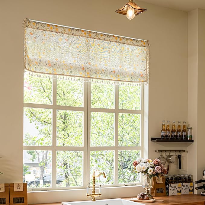 Deeprove Boho Valance 18 Inch Long for Windows Cafe Kitchen Modern Watercolor Botanical Gold Yellow Florals Print Curtain with Fringe Small Short Treatment for Fall Decorative 1 Panel 52W x 18L