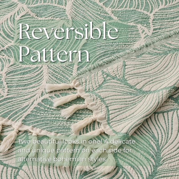 DOWN HOME Chenille Cotton Throw Blanket for Couch, Lightweight Boho Blanket for Bed Sofa Chair Living Room Outdoor Soft Woven Decorative Blanket with Tassel Gift Green Leaves 60"x80"