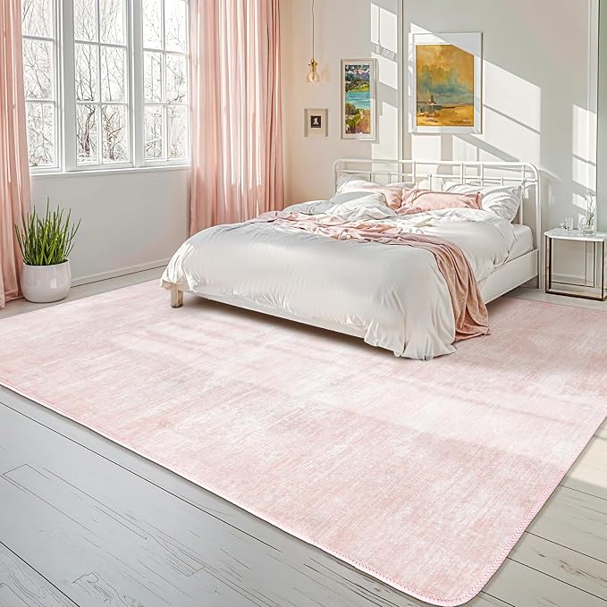 5x7 Washable Area Rug, Pink Solid Area Rugs for Living Room & Bedroom | Stain-resistant & Non-slip backing,Low Pile Washable Large Carpet, Solid Vintage Style For High Traffic Areas(5x7,Pink)