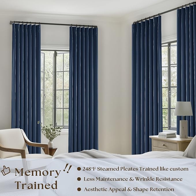 Dark Blue Pinch Pleated 100% Blackout Linen Bedroom Curtains 96 Inch Length Double Layer Pleat Curtains Ring Hooks Back Tab Black Out Room Darkening Drapes 96 Inches Long Living Room Indigo Navy