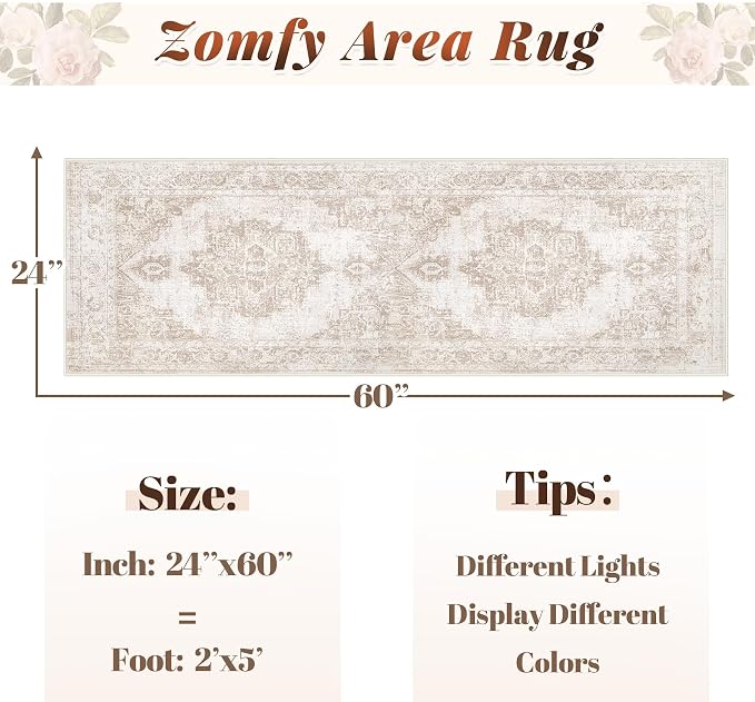 Runner Rug 2x5 Hallway Runner Rugs: Washable Vintage Kitchen Area Rug Medallion Distressed Rugs Non Slip Soft Low Pile Indoor Floor Carpet for Living Room Bedroom Bathroom Laundry(Beige, 2'x5')